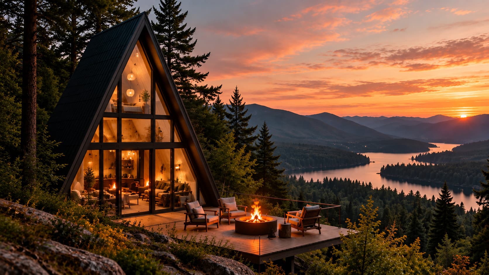 A-frame cabin on a forested hillside overlooking a mountain valley at sunset