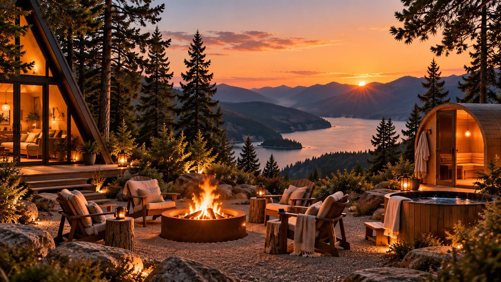 Guests relaxing by a fire pit outside an A-frame cabin at sunset