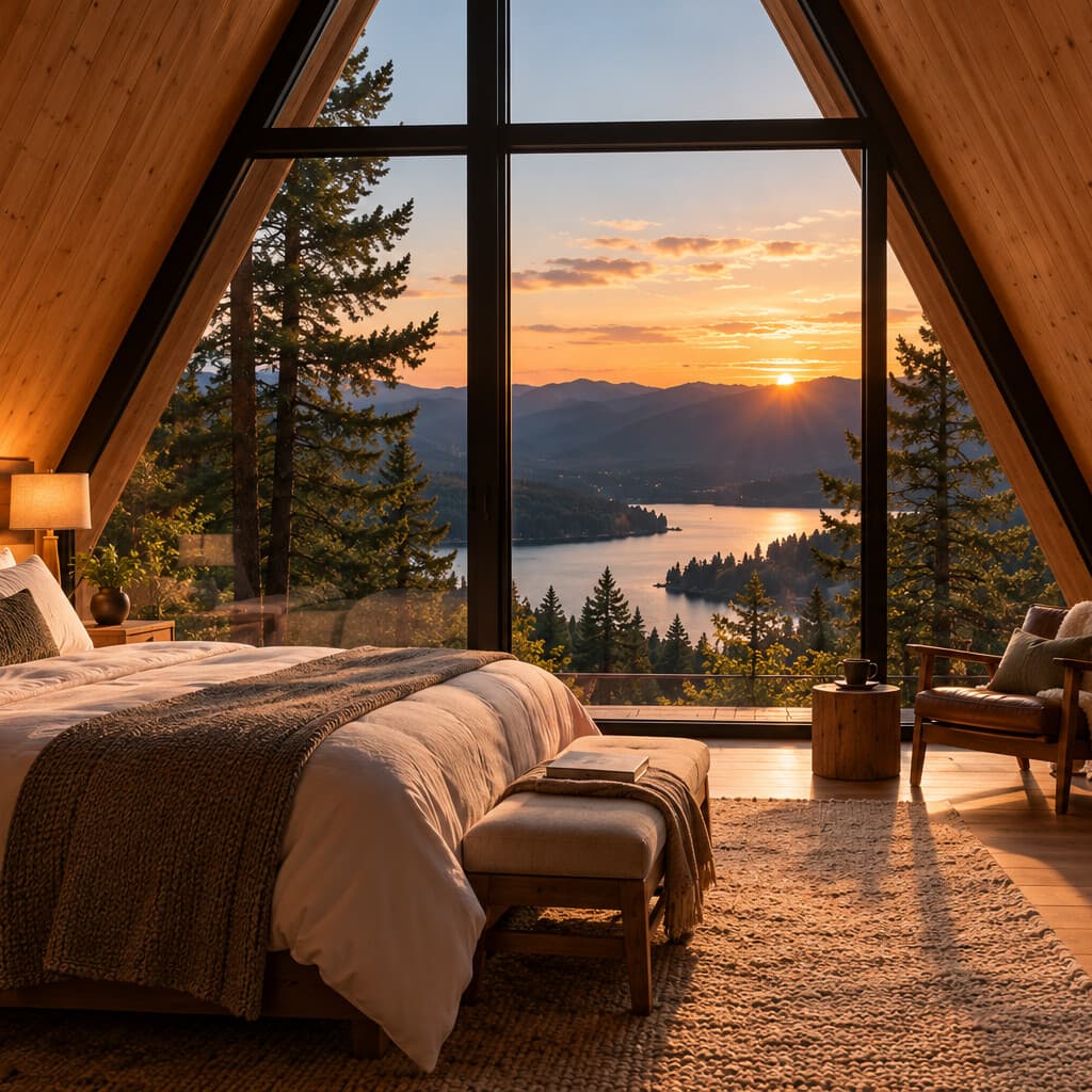 A-frame cabin bedroom looking out to a lake at sunset